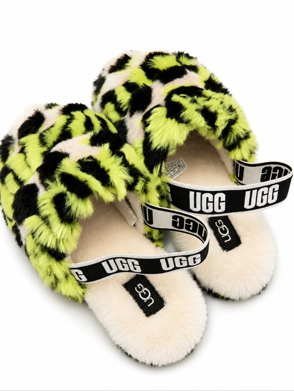 UGG Fuzzy Slide Sandals in Neon Yellow, Black & Cream